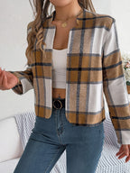 Chic Navy Blue Plaid Cropped Jacket - WEUXS