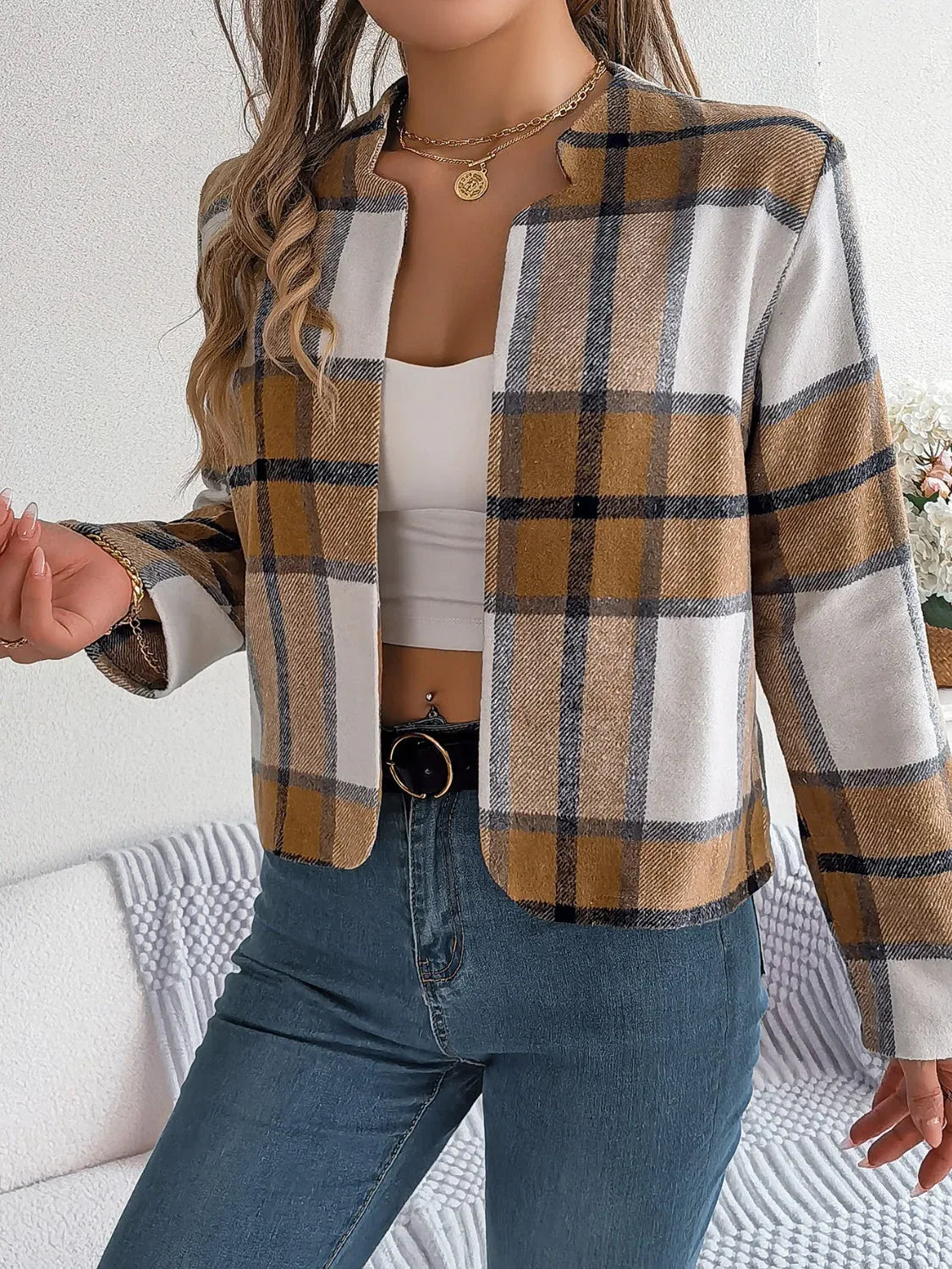 Chic Navy Blue Plaid Cropped Jacket - WEUXS