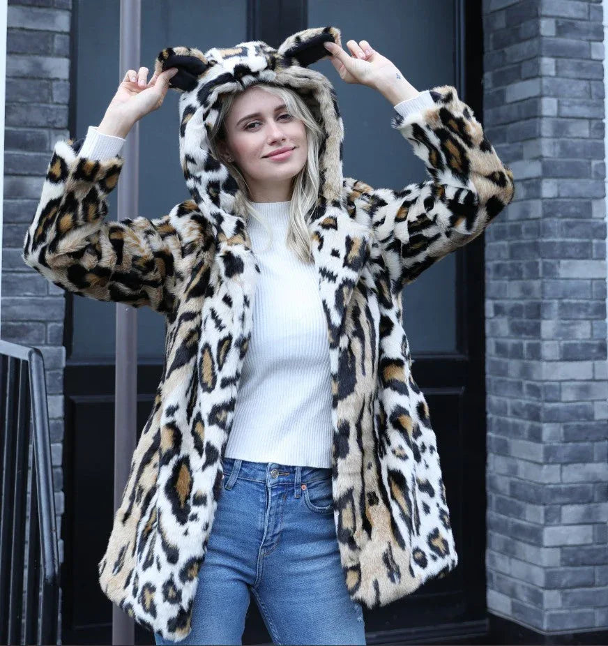 Wildcat Leopard Print Faux Fur Coat - WEUXS