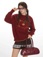 Whimsical Apple & Teddy Bear Pocket Knit Sweater - WEUXS