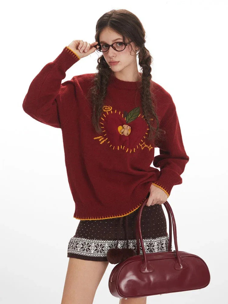 Whimsical Apple & Teddy Bear Pocket Knit Sweater - WEUXS