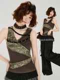 Full body shot of a model wearing the tank top with layered skirts and wide-leg pants