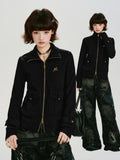 Back view of the black knit jacket with ribbed cuffs.