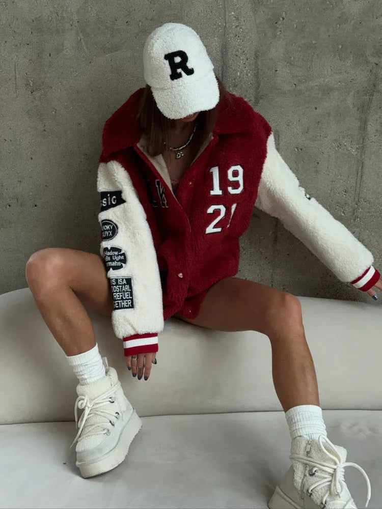Vintage Red Sherpa Varsity Jacket - WEUXS