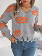 Edgy Distressed Pumpkin Knit Sweater - WEUXS