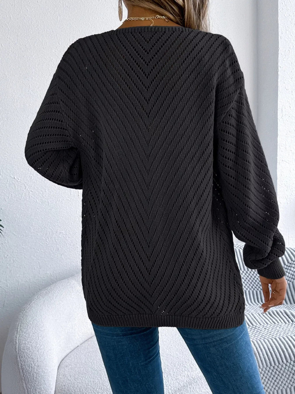 White pointelle knit cardigan - View 8 | WEUXS