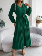 Vintage Khaki V-Neck Pleated Maxi Dress - WEUXS