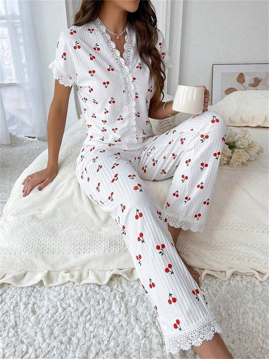 Ribbed Cherry Pajama Set - View 6 | WEUXS