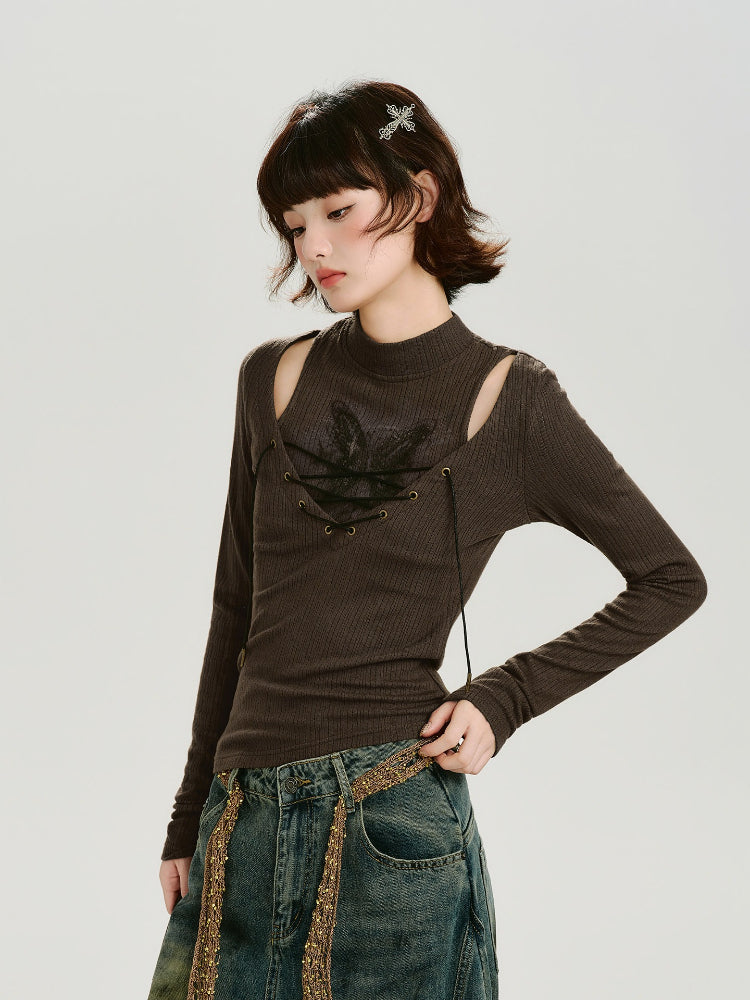 Model wearing a brown long-sleeve ribbed knit top with cut-out shoulders and a lace-up front detail.