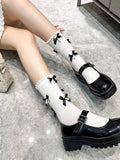 Grey knee-high socks with black satin bows and white pearl embellishments - View 14 | WEUXS