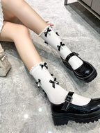 Grey knee-high socks with black satin bows and white pearl embellishments - View 14 | WEUXS