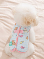 Back view of a light blue gingham dog vest with teddy bear and strawberry print, showing adjustable straps and D-rings.