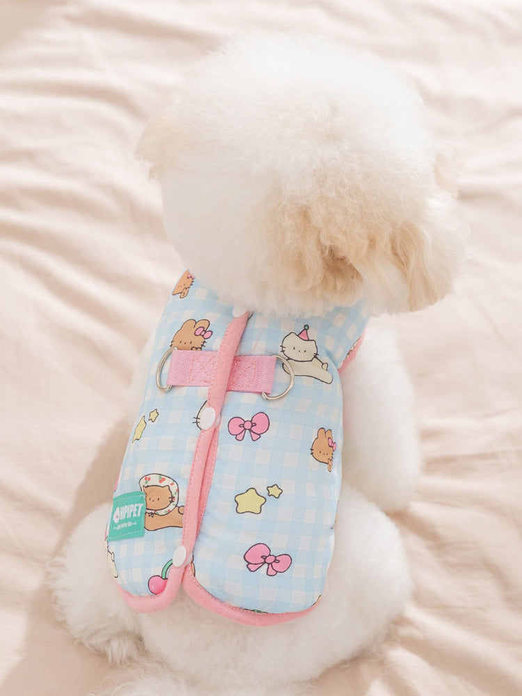 Back view of a light blue gingham dog vest with teddy bear and strawberry print, showing adjustable straps and D-rings.