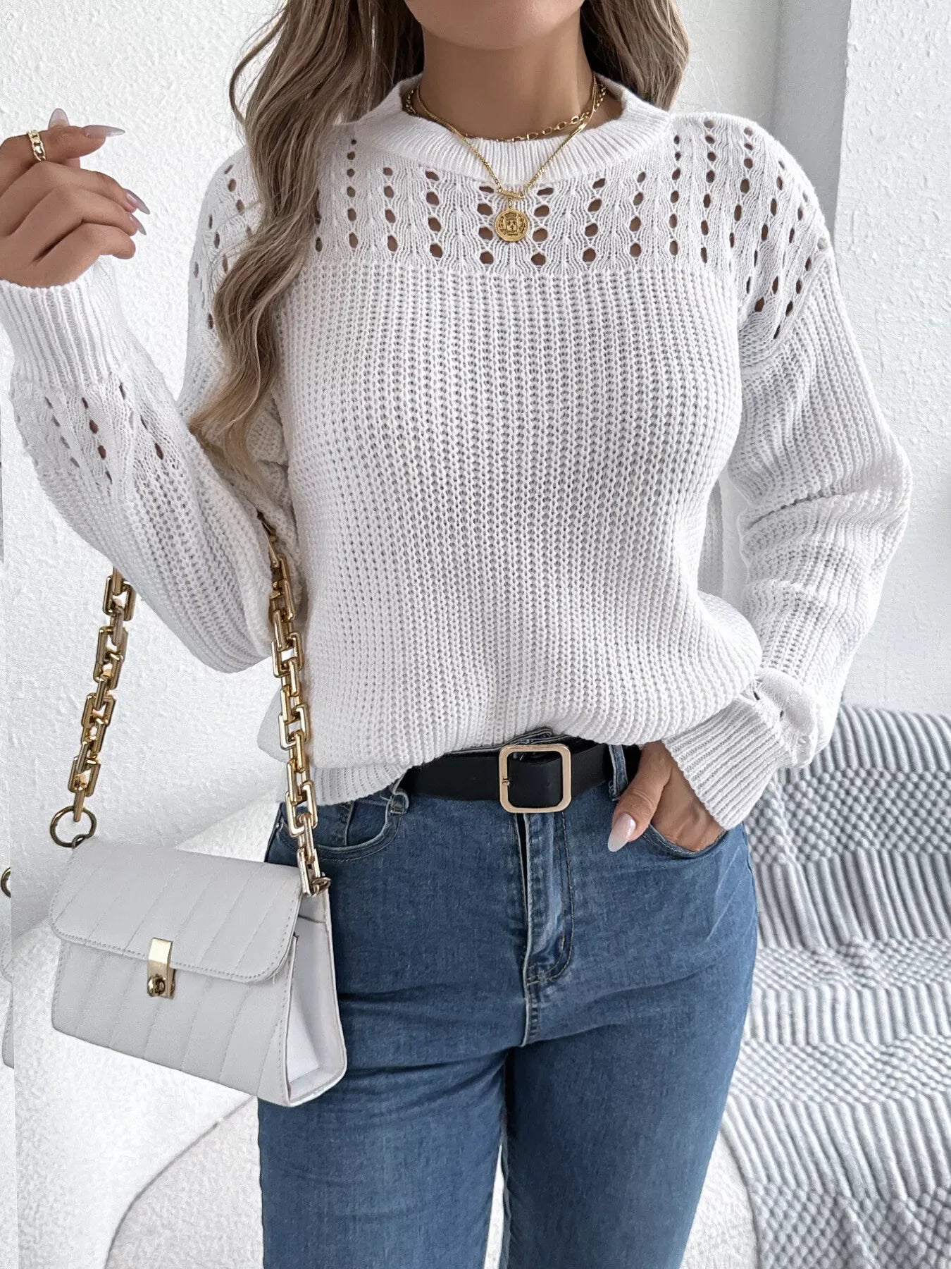Burgundy Pointelle Knit Crew Neck Sweater with Lantern Sleeves - View 13 | WEUXS
