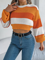 Sunset Boulevard Color Block Knit Crop Sweater - WEUXS