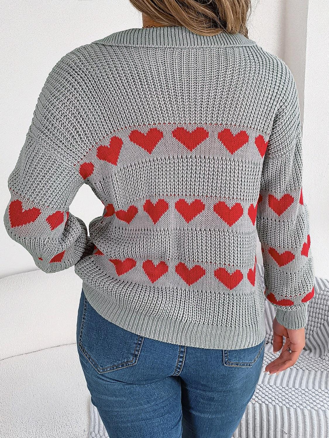 Collared Heart Print Knit Sweater - View 10 | WEUXS