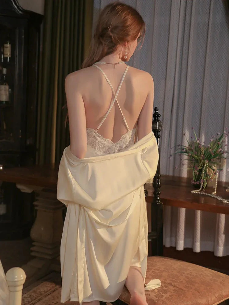 Vintage Cream | Twist-Front Lace & Mesh Satin Robe Set - WEUXS