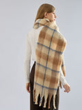 Oversized plaid scarf wrap with fringe in beige check - View 6 | WEUXS