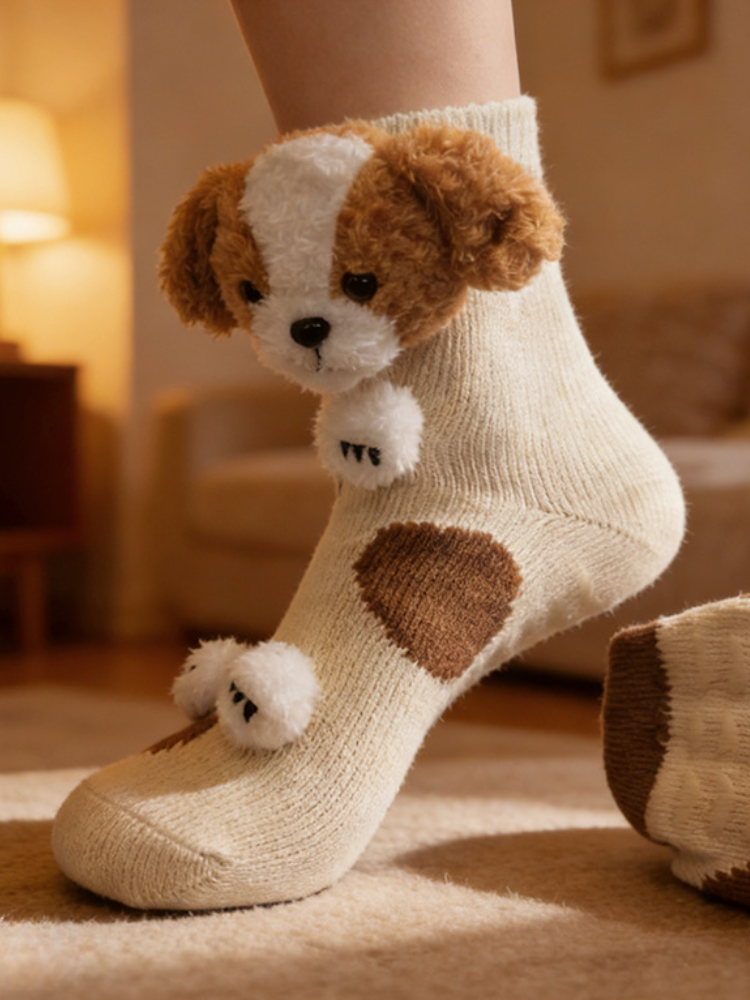 Close-up of a cream-colored knit sock with a brown embroidered heart and a plush dog face on the cuff.