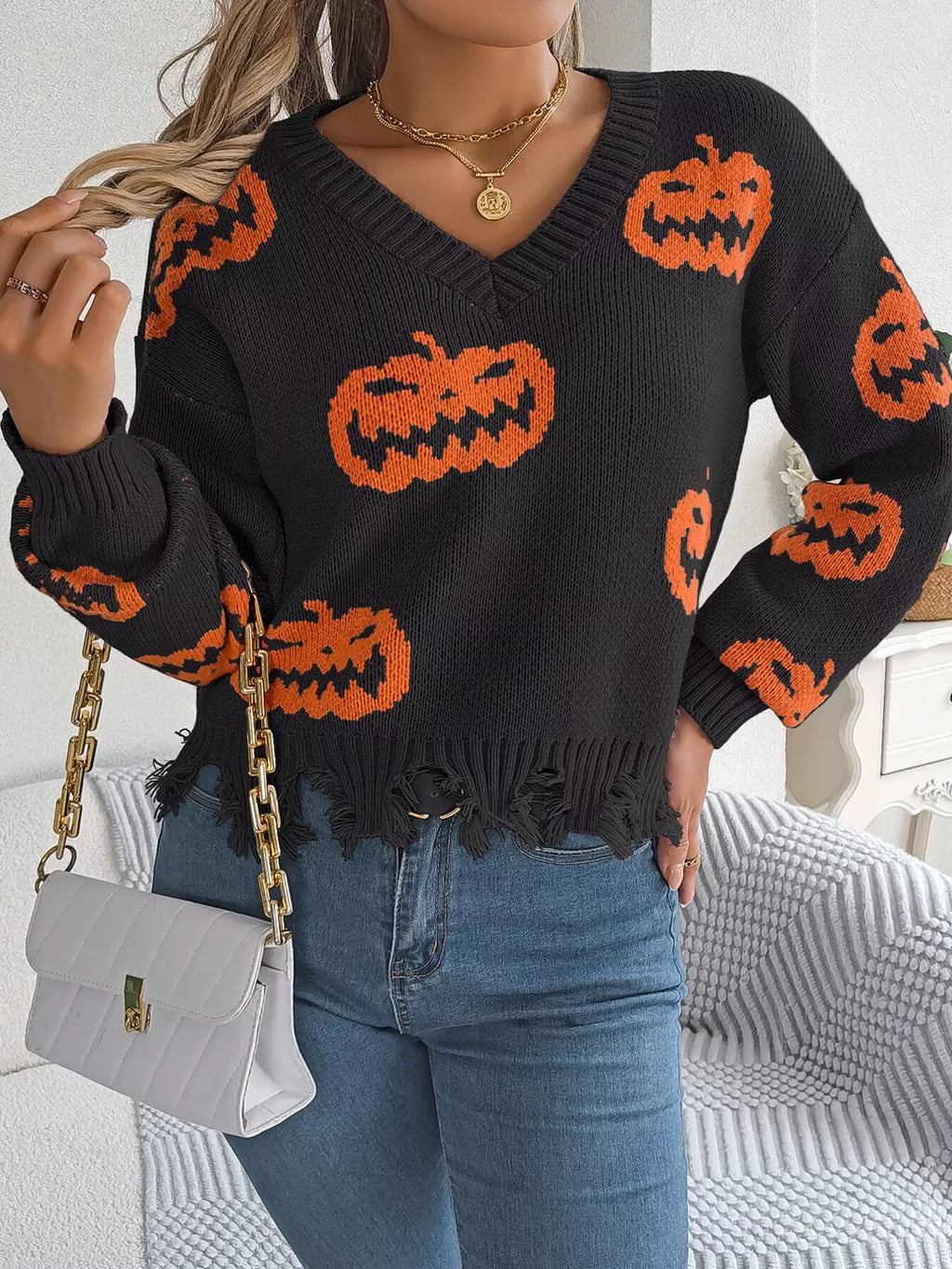 Edgy Distressed Pumpkin Knit Sweater - WEUXS