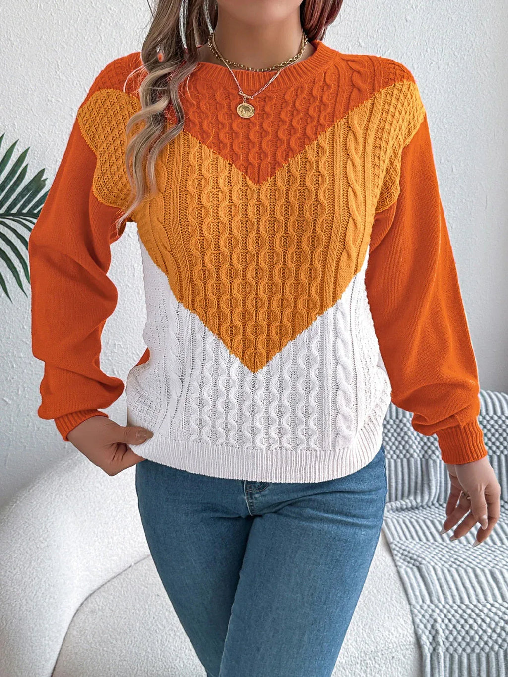 Colorblock cable knit sweater - View 12 | WEUXS
