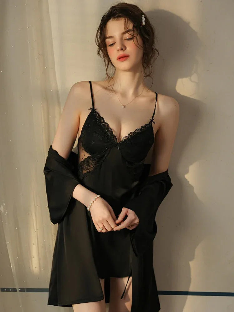 French Princess | Dot Mesh & Lace Satin Robe Set - WEUXS