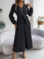 Vintage Khaki V-Neck Pleated Maxi Dress - View 27 | WEUXS