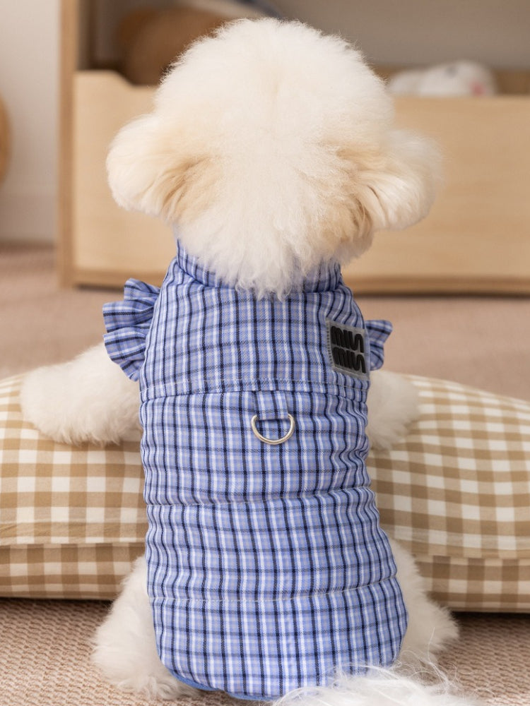 Rear view of a small white dog wearing a blue plaid dog vest with a D-ring