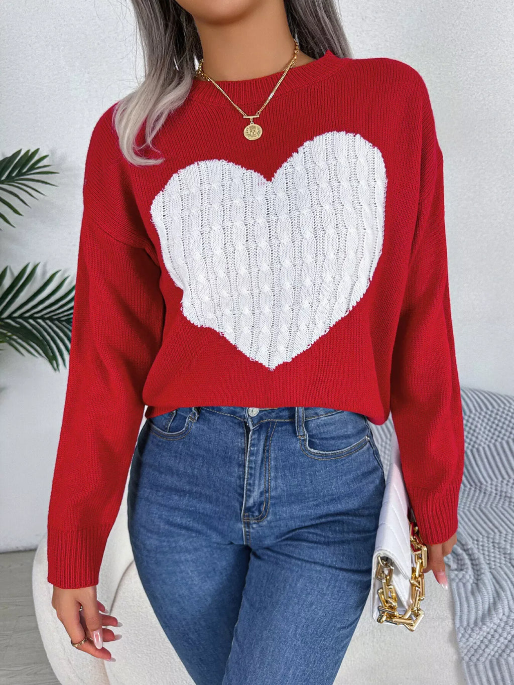 Cable knit sweater with heart design - View 14 | WEUXS