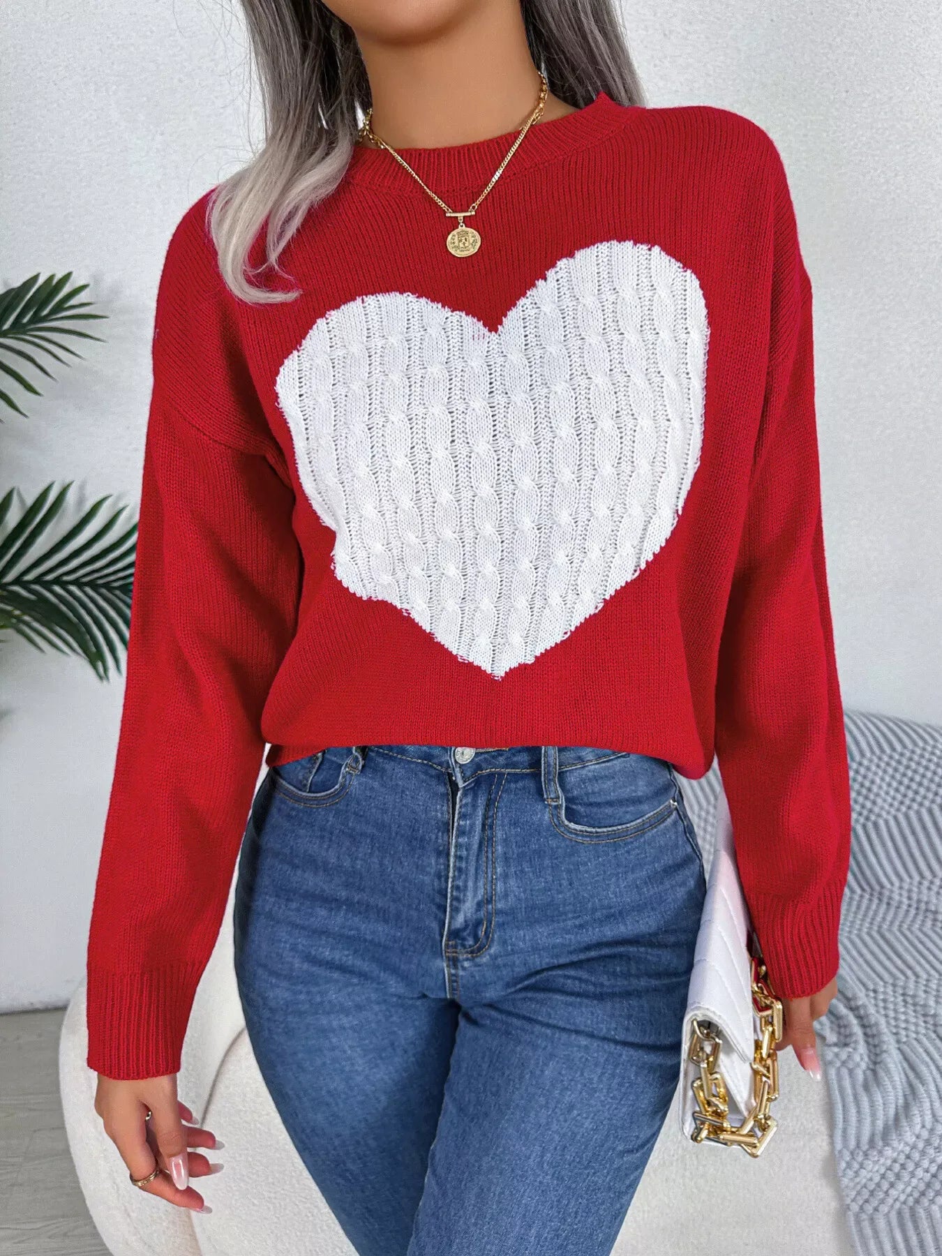 Cable knit sweater with heart design - View 14 | WEUXS