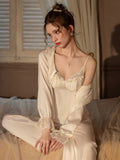 Lace Trim Satin 3-Piece Pajama Set - WEUXS