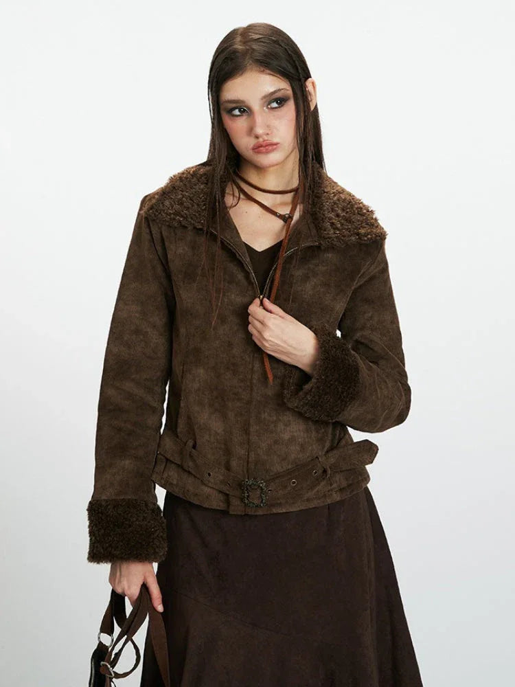 Close-up of a woman wearing a brown faux suede jacket with shearling collar and cuffs.