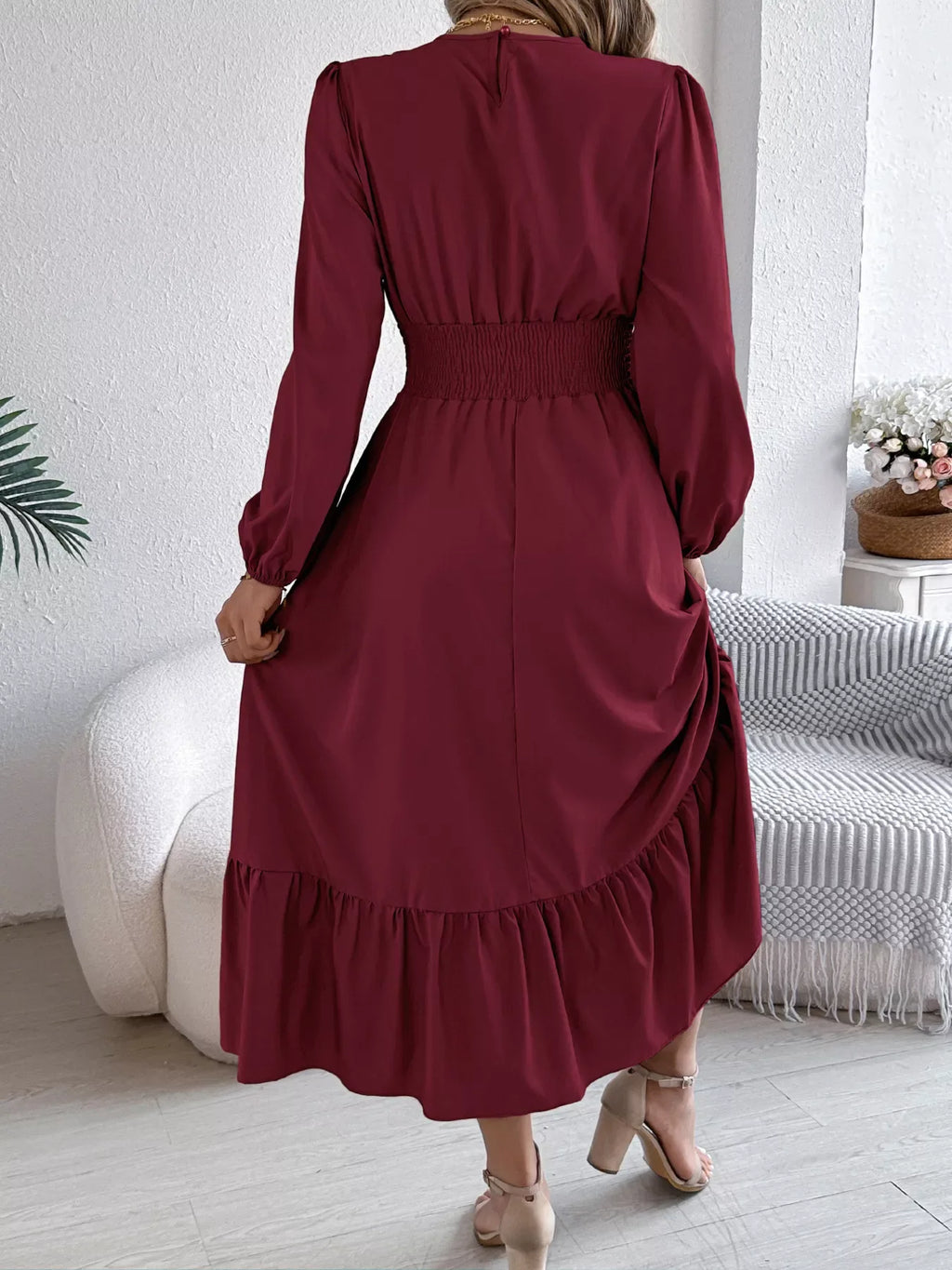 Emerald Green Ruffle Smocked Waist Maxi Dress with Round Neckline and Lantern Sleeves - View 8 | WEUXS