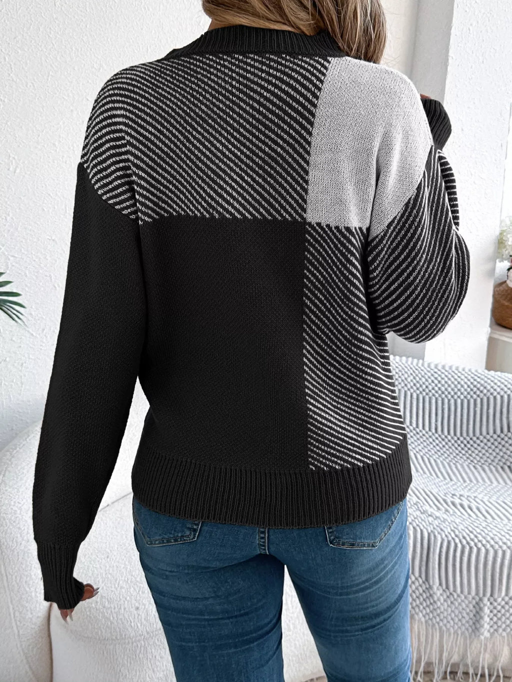 Modern Geometric Khaki Knit Sweater - WEUXS