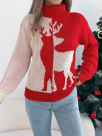 Woman wearing a green and cream color block reindeer turtleneck sweater - View 10 | WEUXS