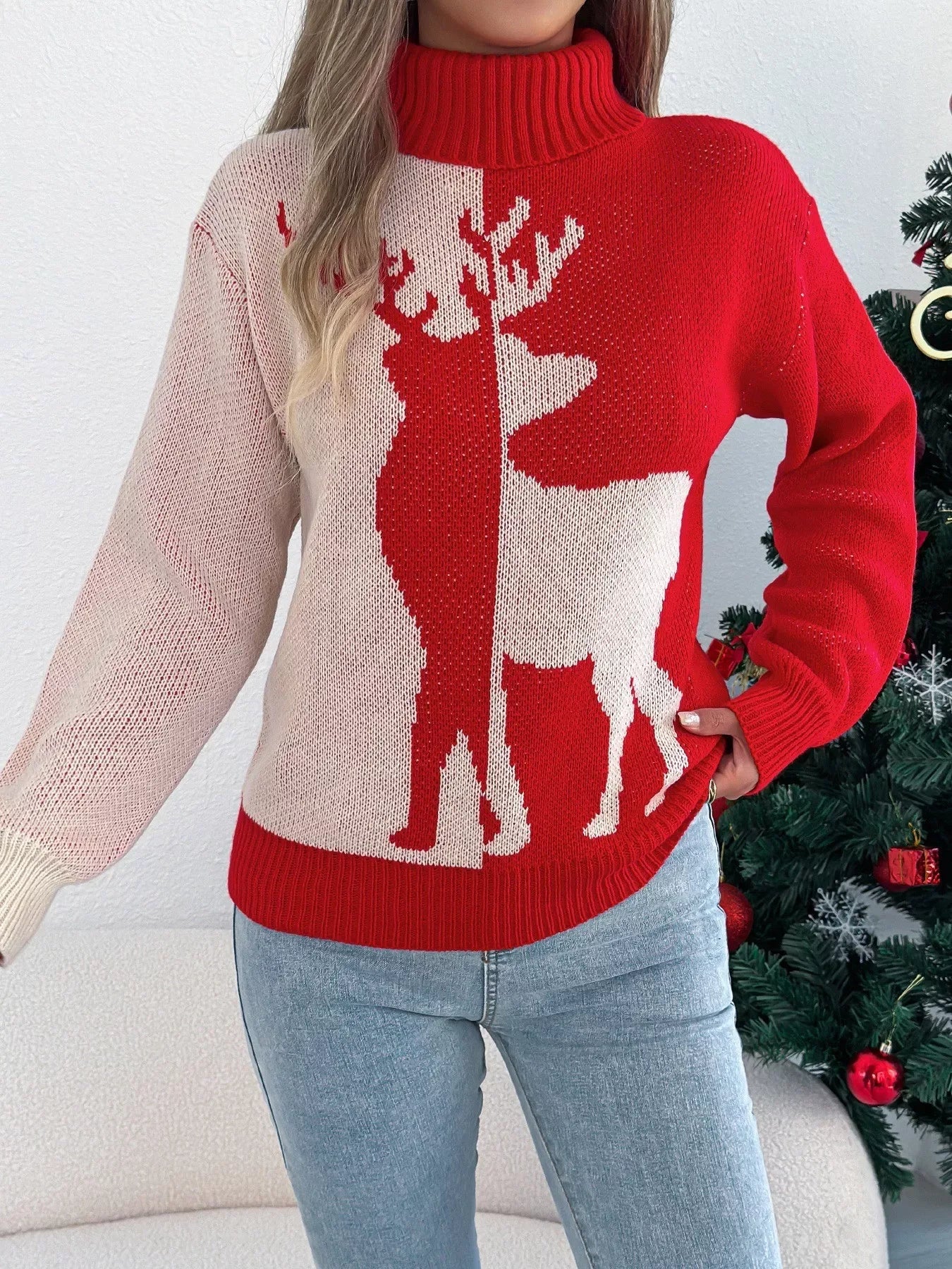 Woman wearing a green and cream color block reindeer turtleneck sweater - View 10 | WEUXS