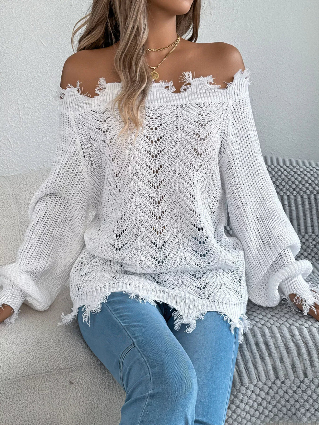 Off-Shoulder Distressed Knit Sweater - View 13 | WEUXS
