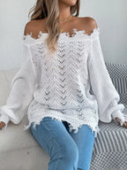 Off-Shoulder Distressed Knit Sweater - View 13 | WEUXS