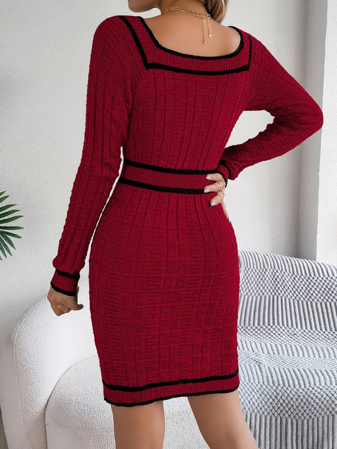 Vintage Red Square Neck Knit Dress - View 6 | WEUXS