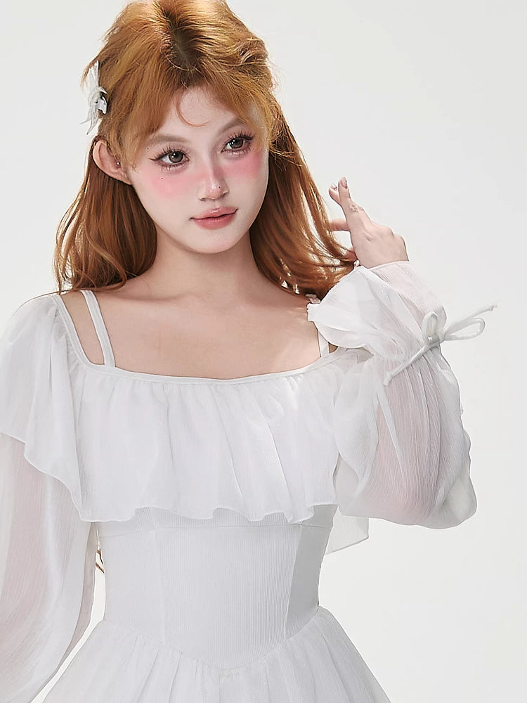 White Off-Shoulder Ruffle Swim Dress Secondary image