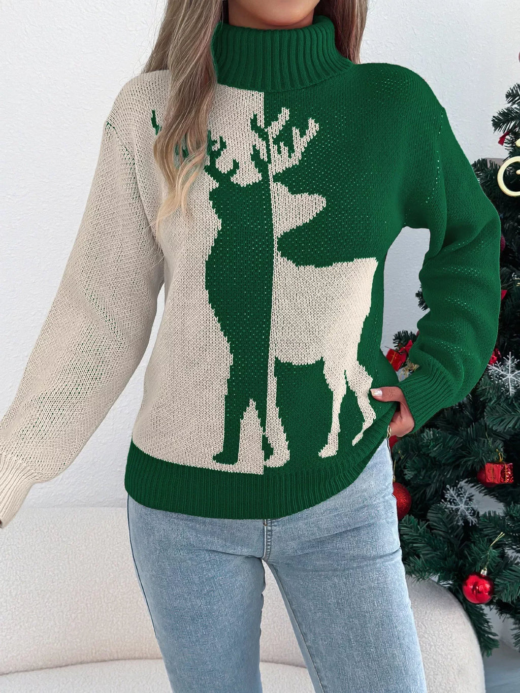 Woman wearing a green and cream color block reindeer turtleneck sweater - View 6 | WEUXS