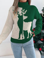 Woman wearing a green and cream color block reindeer turtleneck sweater - View 6 | WEUXS