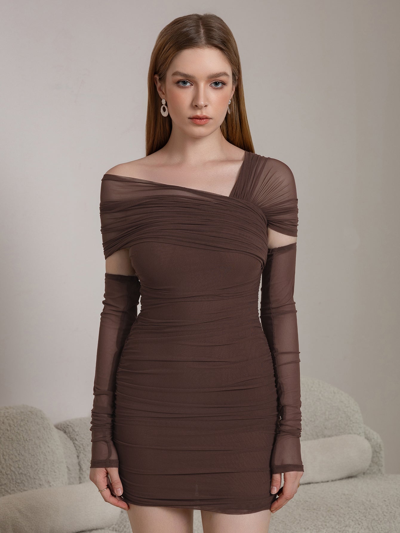 Asymmetrical Neckline Ruched Mini Dress - View 6 | WEUXS