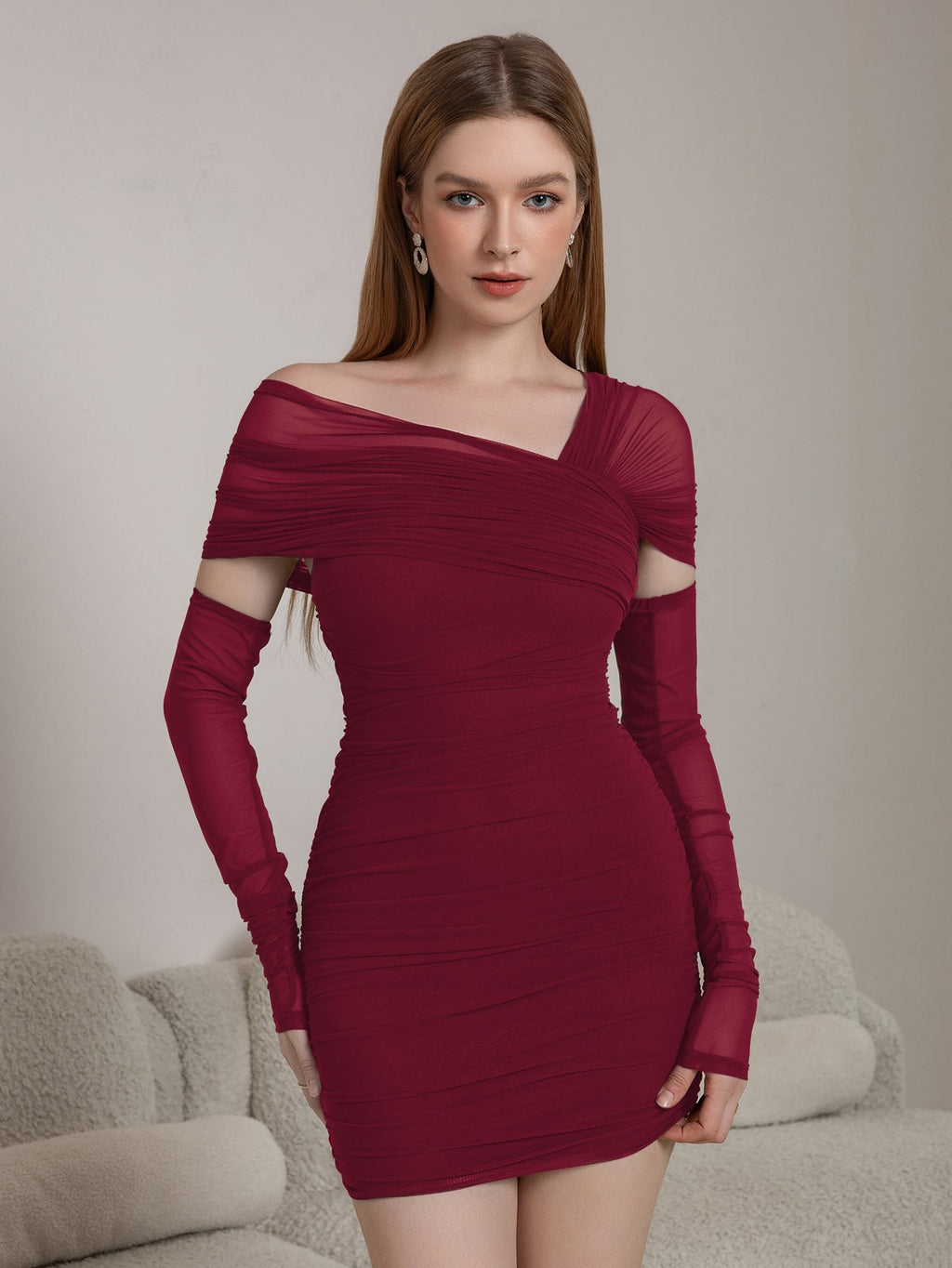 Asymmetrical Neckline Ruched Mini Dress - View 7 | WEUXS