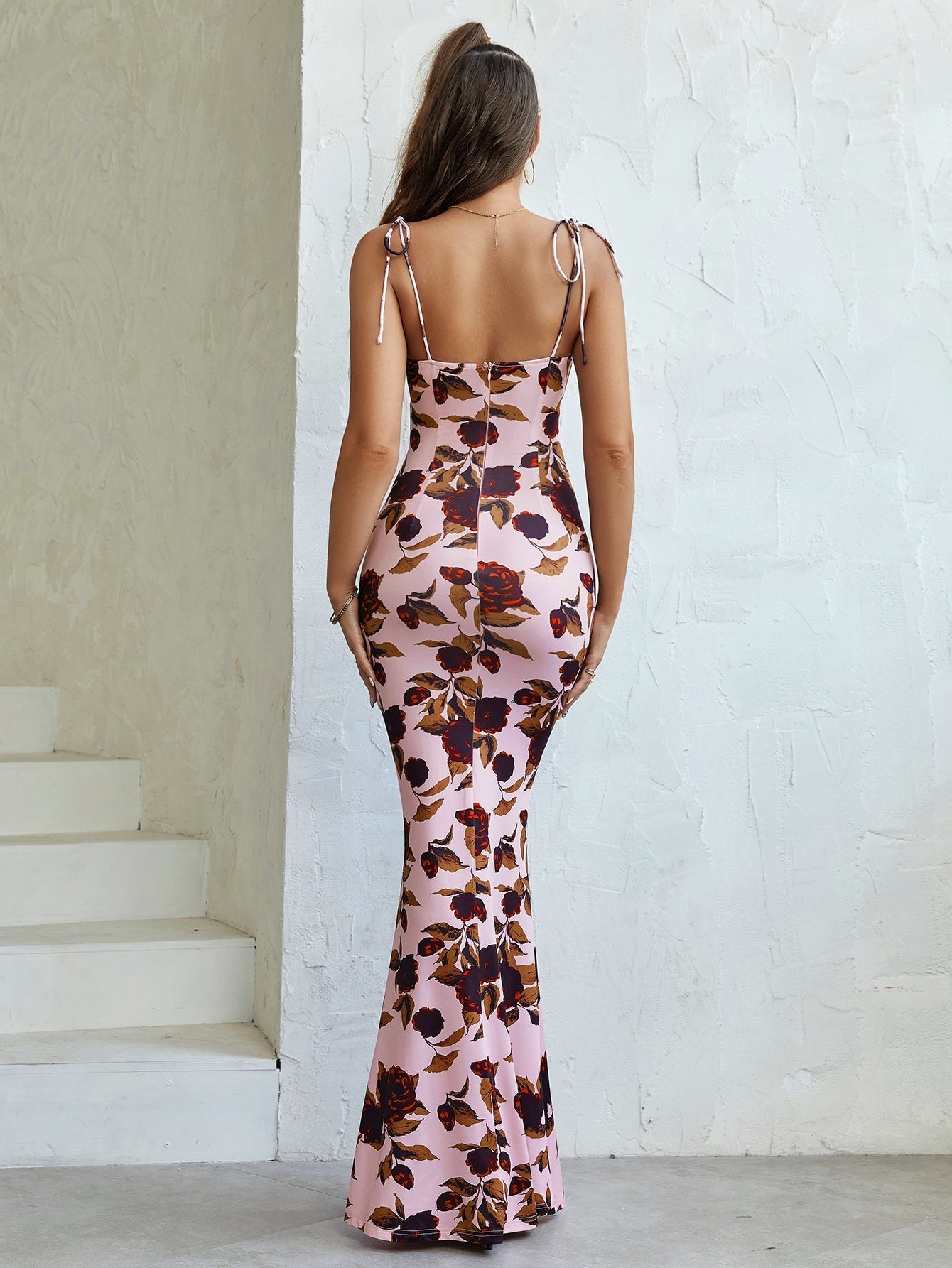 Floral Print Maxi Dress with Tie Shoulder Straps - View 38 | WEUXS