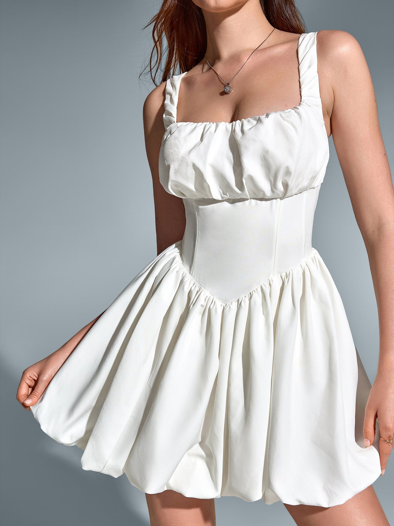 White square neck dress with ruched bodice and balloon hem - View 6 | WEUXS