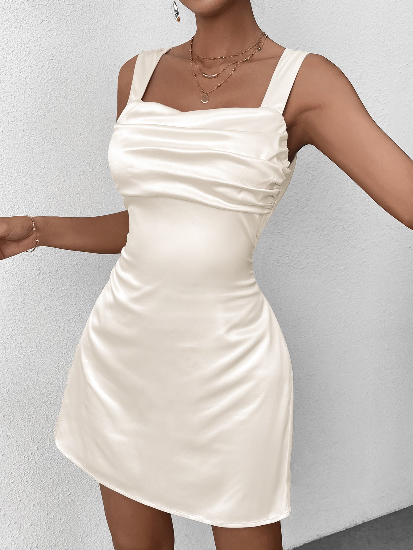 Satin Ruched Mini Dress with Tie Back - View 6 | WEUXS