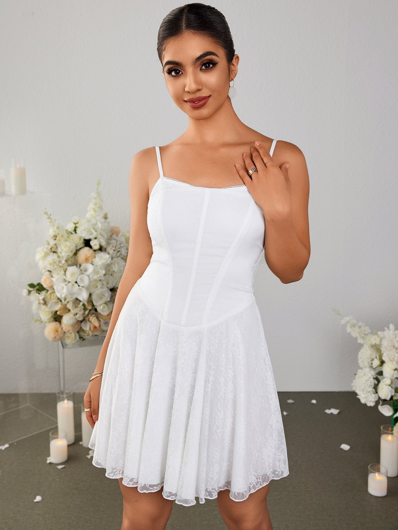 White lace mini dress with square neckline - View 6 | WEUXS