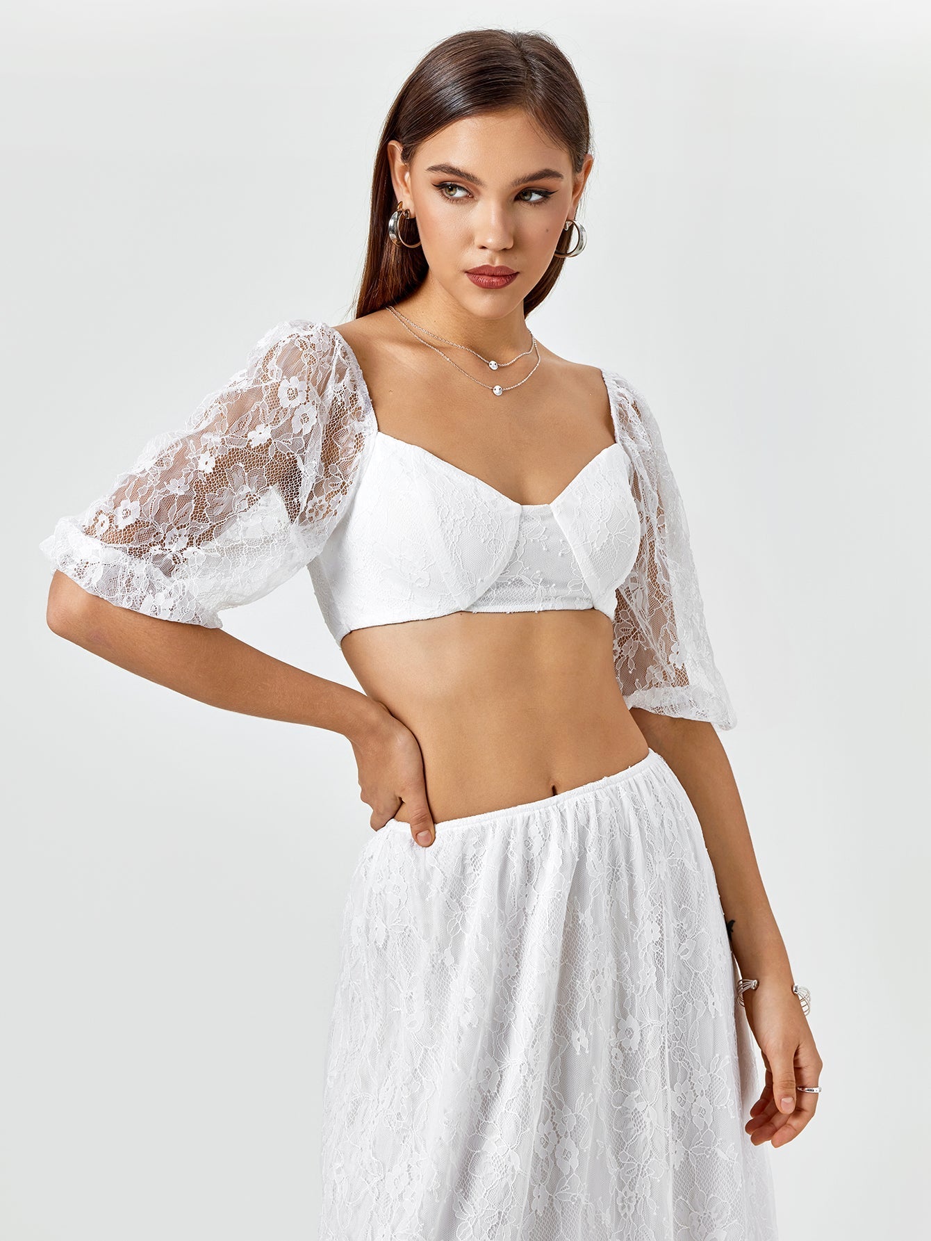 Lace crop top and A-line maxi skirt set with puff sleeves - View 6 | WEUXS