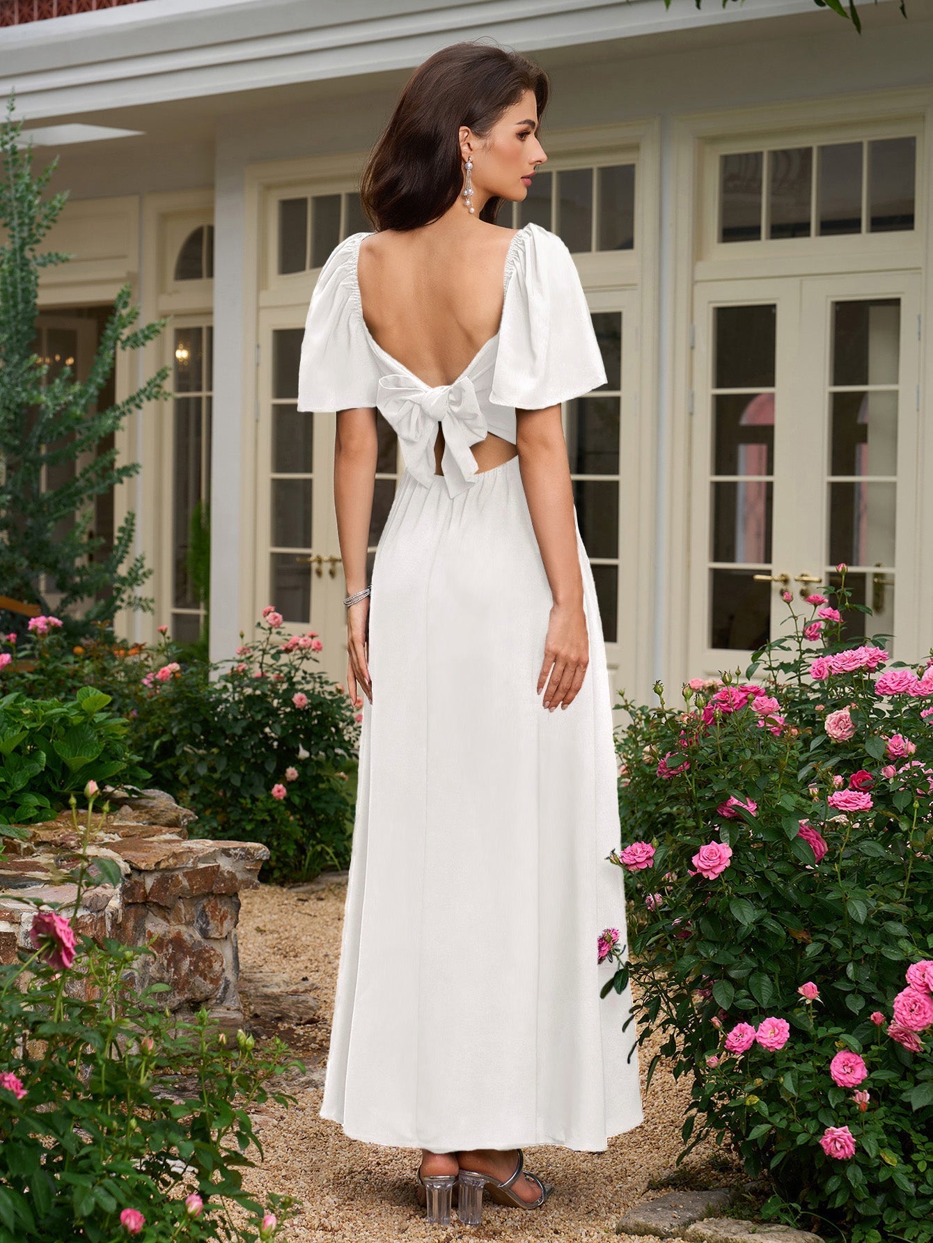 Long V-Neck Bow Back Crepe Dress - View 8 | WEUXS